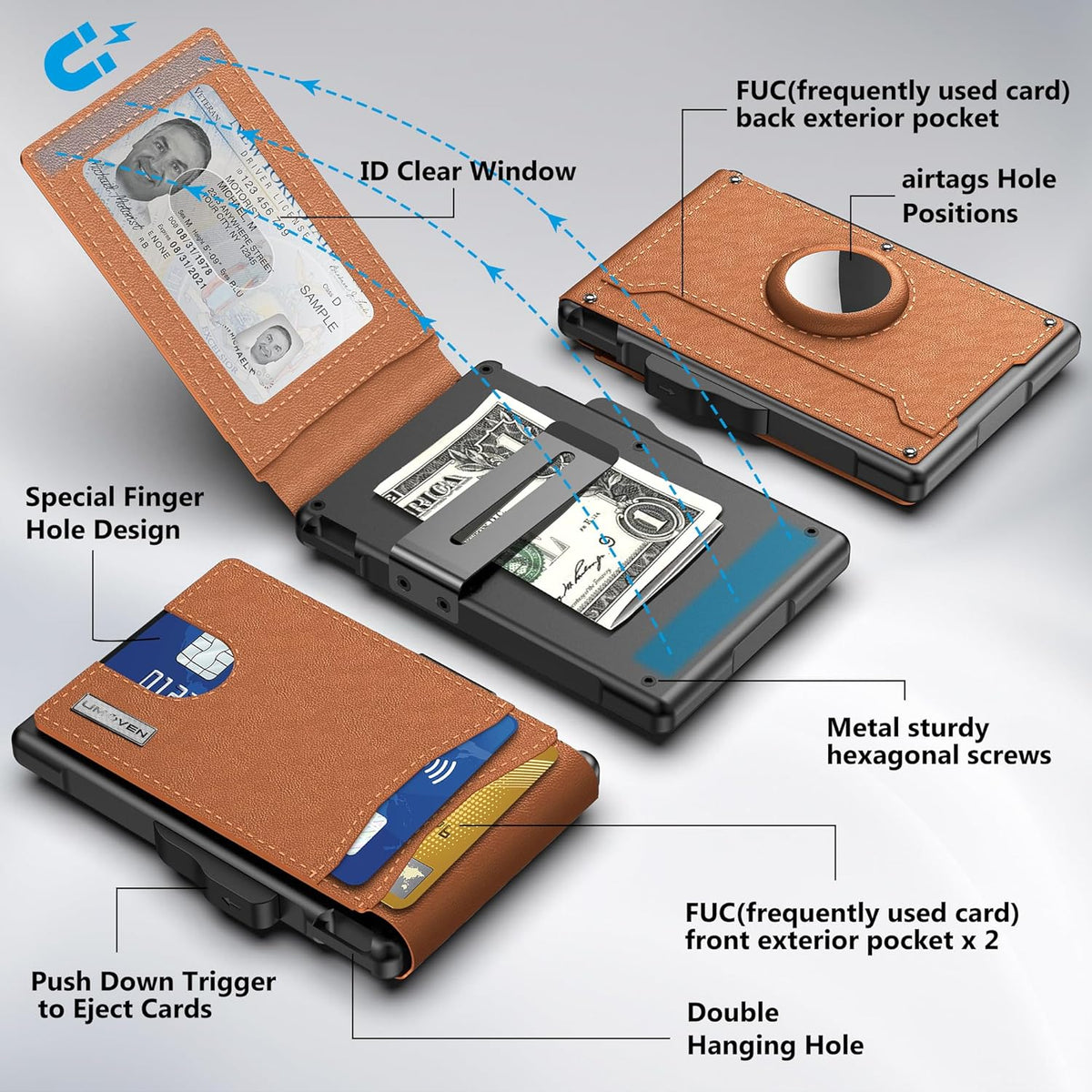 AirTag Wallet for Men - RFID Blocking Bifold, Pop Up Aluminium Case, Leather, view 2