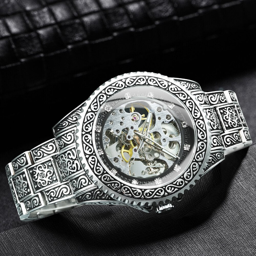 Hand-Engraved Automatic Mechanical Watch for Men - 44mm Dial, Zinc Alloy, view 3