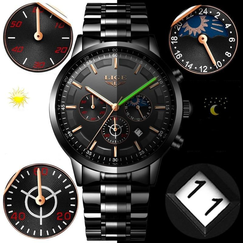 Men's Military Black Steel Watch - Stainless Steel, Day Date Display, view 2