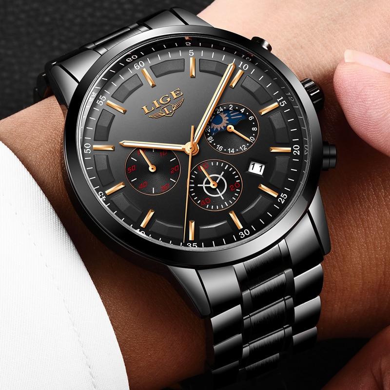 Men's Military Black Steel Watch - Stainless Steel, Day Date Display, view 3
