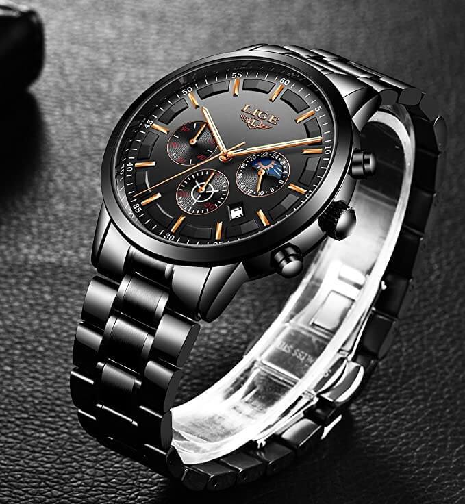 Men's Military Black Steel Watch - Stainless Steel, Day Date Display, view 6
