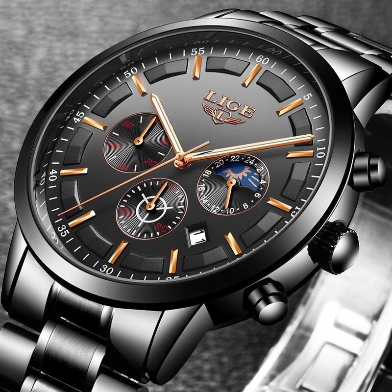 Men's Military Black Steel Watch - Stainless Steel, Day Date Display, view 7