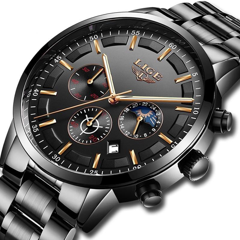 Men's Military Black Steel Watch - Stainless Steel, Day Date Display, view 8