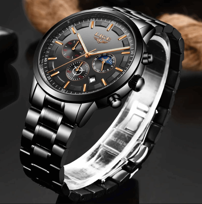 Men's Military Black Steel Watch - Stainless Steel, Day Date Display