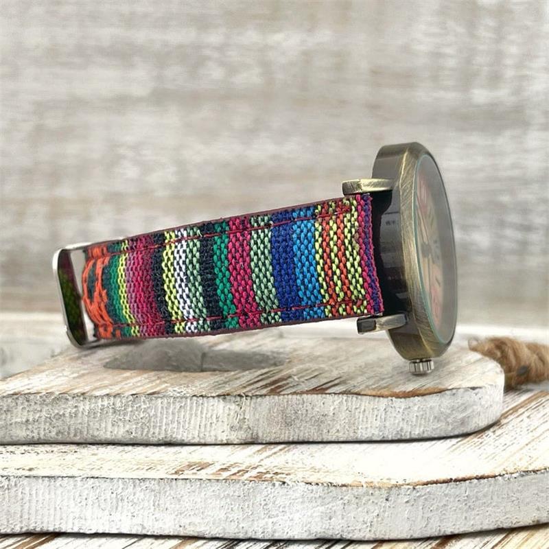 Rainbow Pattern Watch for Women - PU Leather Braided Strap, Vintage Bronze Dial, view 2