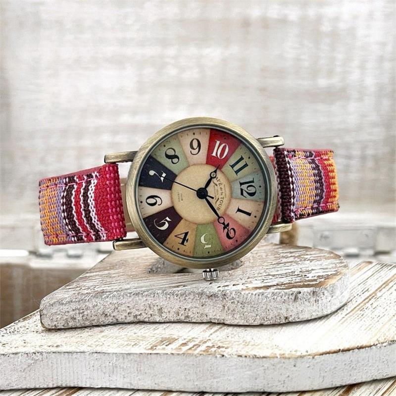 Rainbow Pattern Watch for Women - PU Leather Braided Strap, Vintage Bronze Dial, view 5