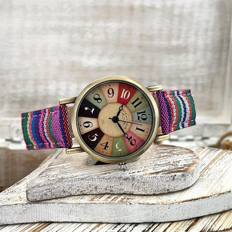 Rainbow Pattern Watch for Women - PU Leather Braided Strap, Vintage Bronze Dial, view 6