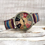 Rainbow Pattern Watch for Women - PU Leather Braided Strap, Vintage Bronze Dial
