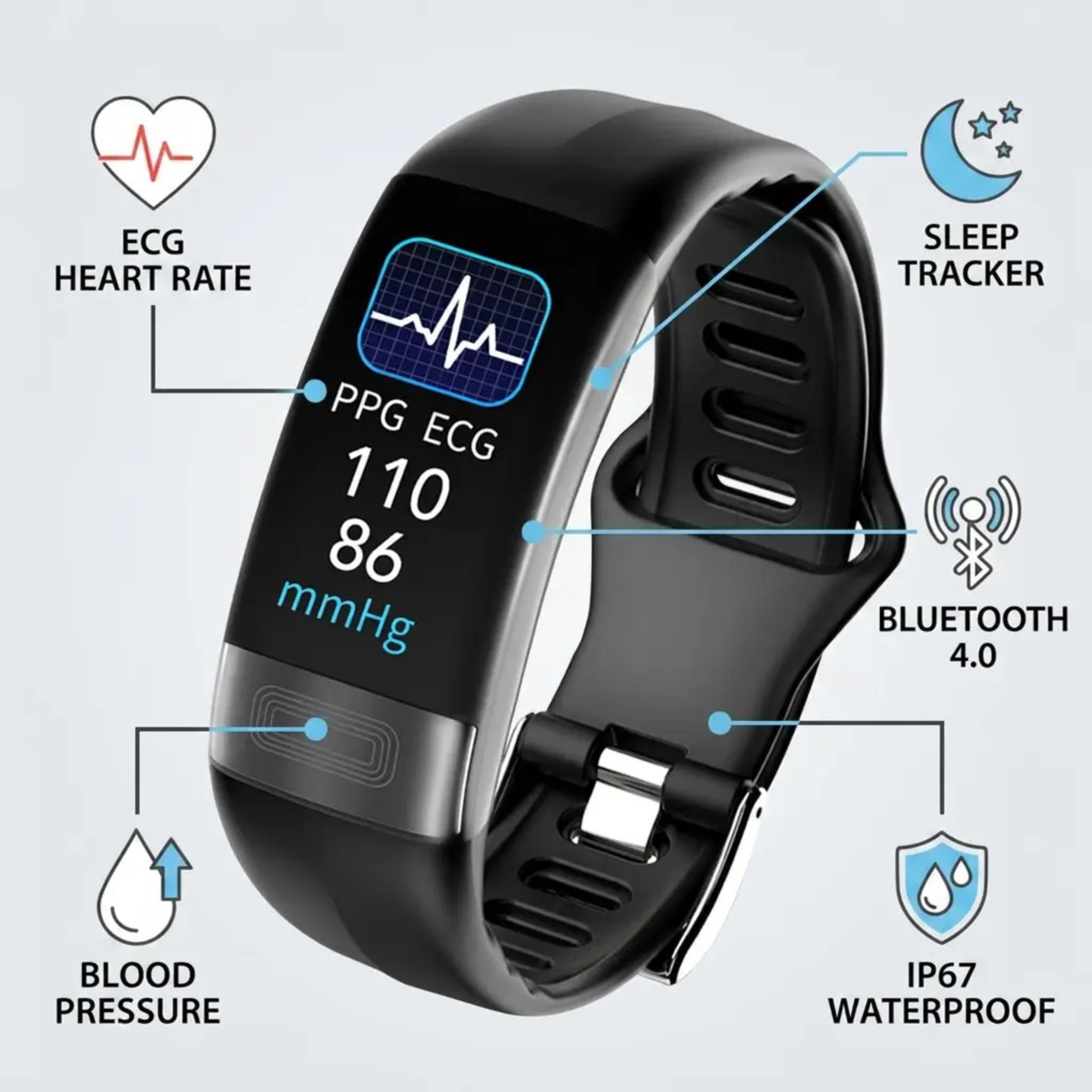 Smart Bracelet Blood Pressure Monitor EKG for Women - Silicone Strap, IP67, view 2