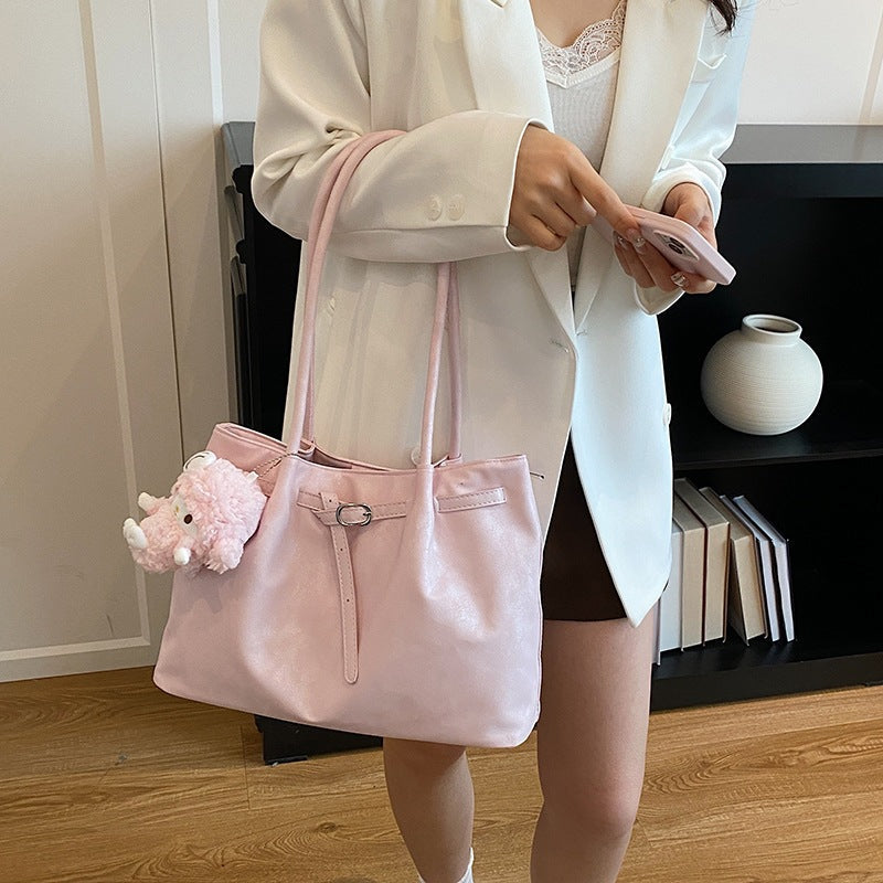 Women’s Casual Faux Leather Tote Bag with Plush Hanging Charm