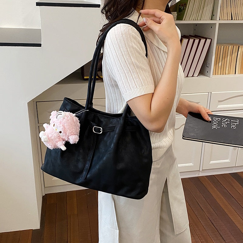 Women’s Casual Faux Leather Tote Bag with Plush Hanging Charm