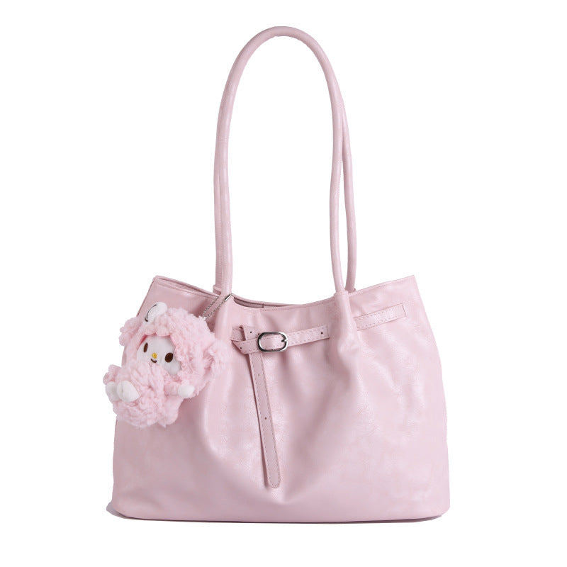 Women’s Casual Faux Leather Tote Bag with Plush Hanging Charm