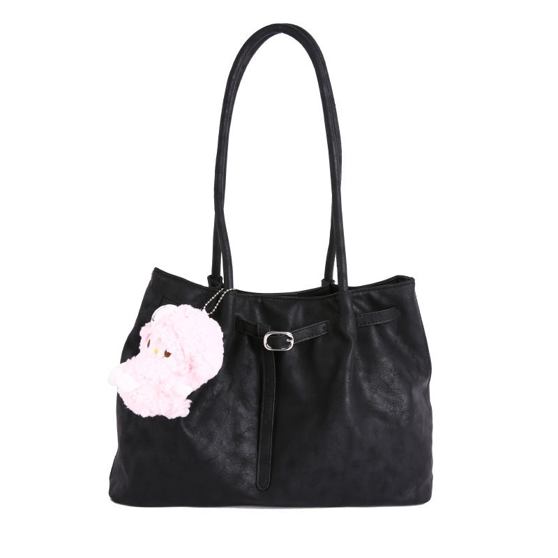 Women’s Casual Faux Leather Tote Bag with Plush Hanging Charm