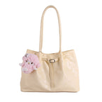 Women’s Casual Faux Leather Tote Bag with Plush Hanging Charm
