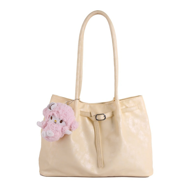 Women’s Casual Faux Leather Tote Bag with Plush Hanging Charm