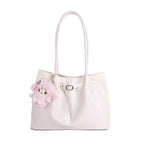 Women’s Casual Faux Leather Tote Bag with Plush Hanging Charm