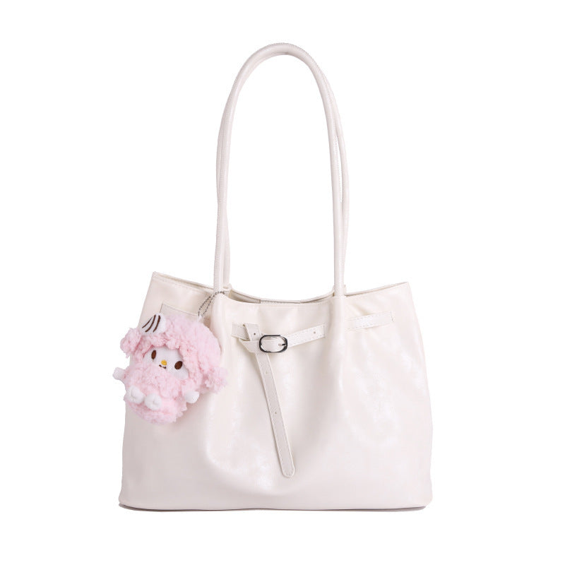 Women’s Casual Faux Leather Tote Bag with Plush Hanging Charm