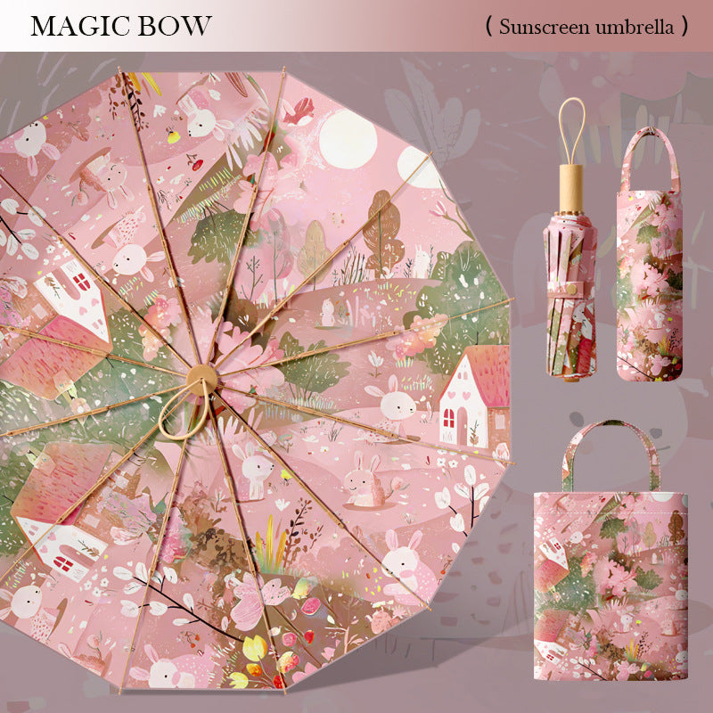 Women's Floral Sunshade Umbrella with Carrying Bag for Sunny Days