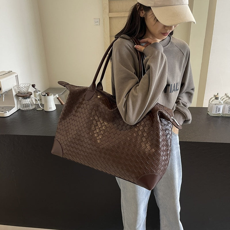 Woven Leather Weekend Bag with Dual Handles and Zip Closure