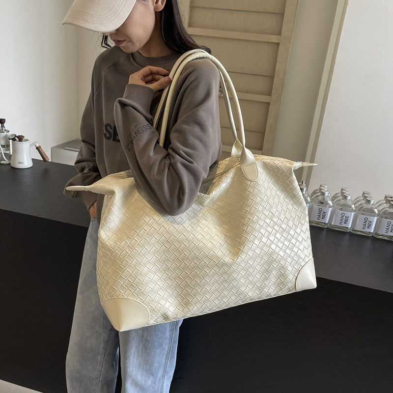 Woven Leather Weekend Bag with Dual Handles and Zip Closure
