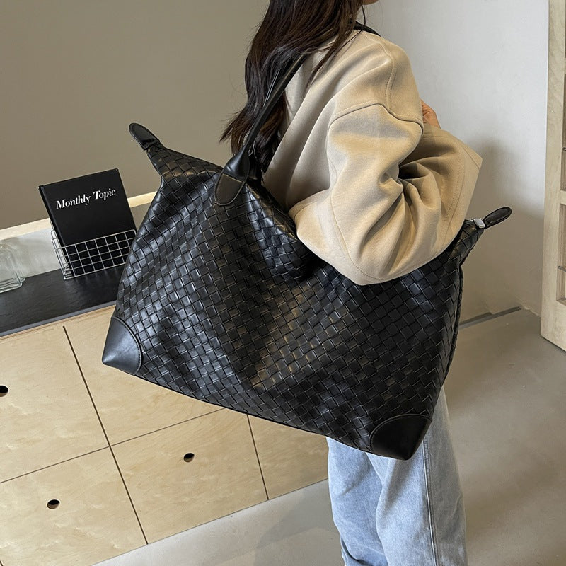 Woven Leather Weekend Bag with Dual Handles and Zip Closure
