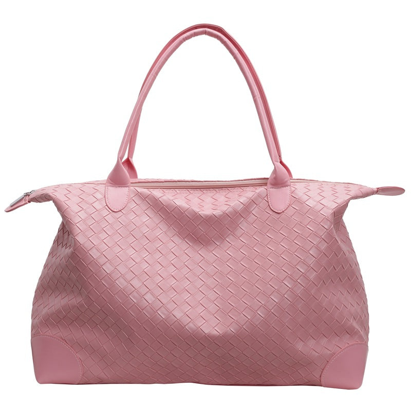 Woven Leather Weekend Bag with Dual Handles and Zip Closure