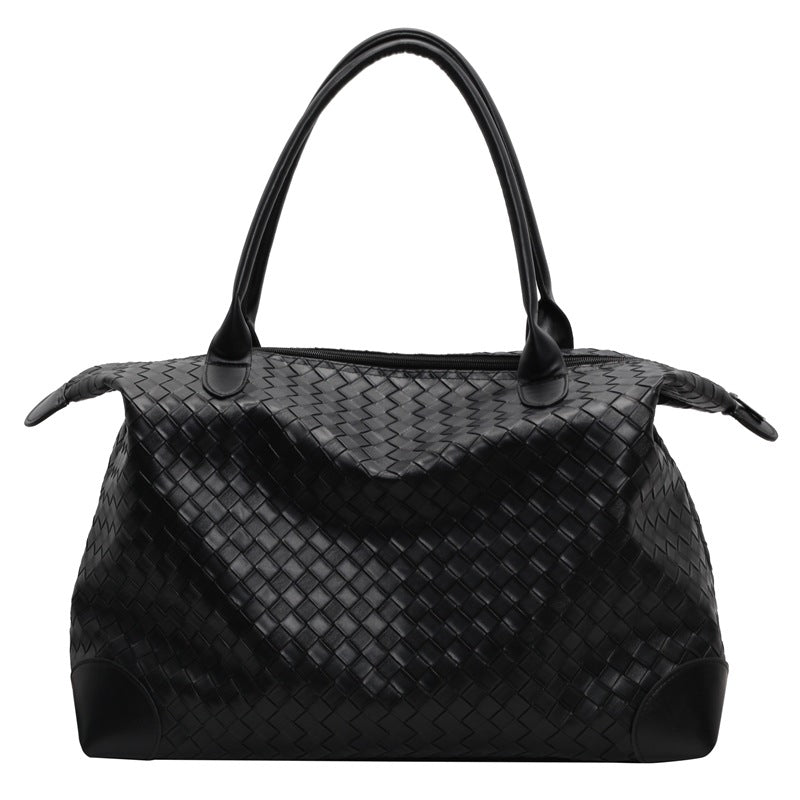Woven Leather Weekend Bag with Dual Handles and Zip Closure