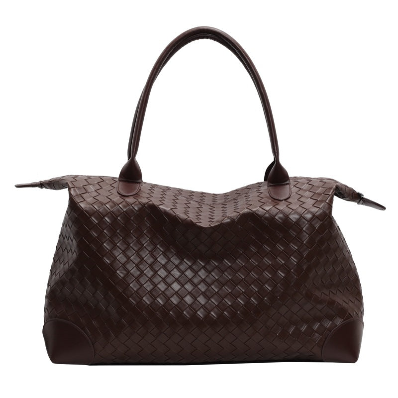 Woven Leather Weekend Bag with Dual Handles and Zip Closure